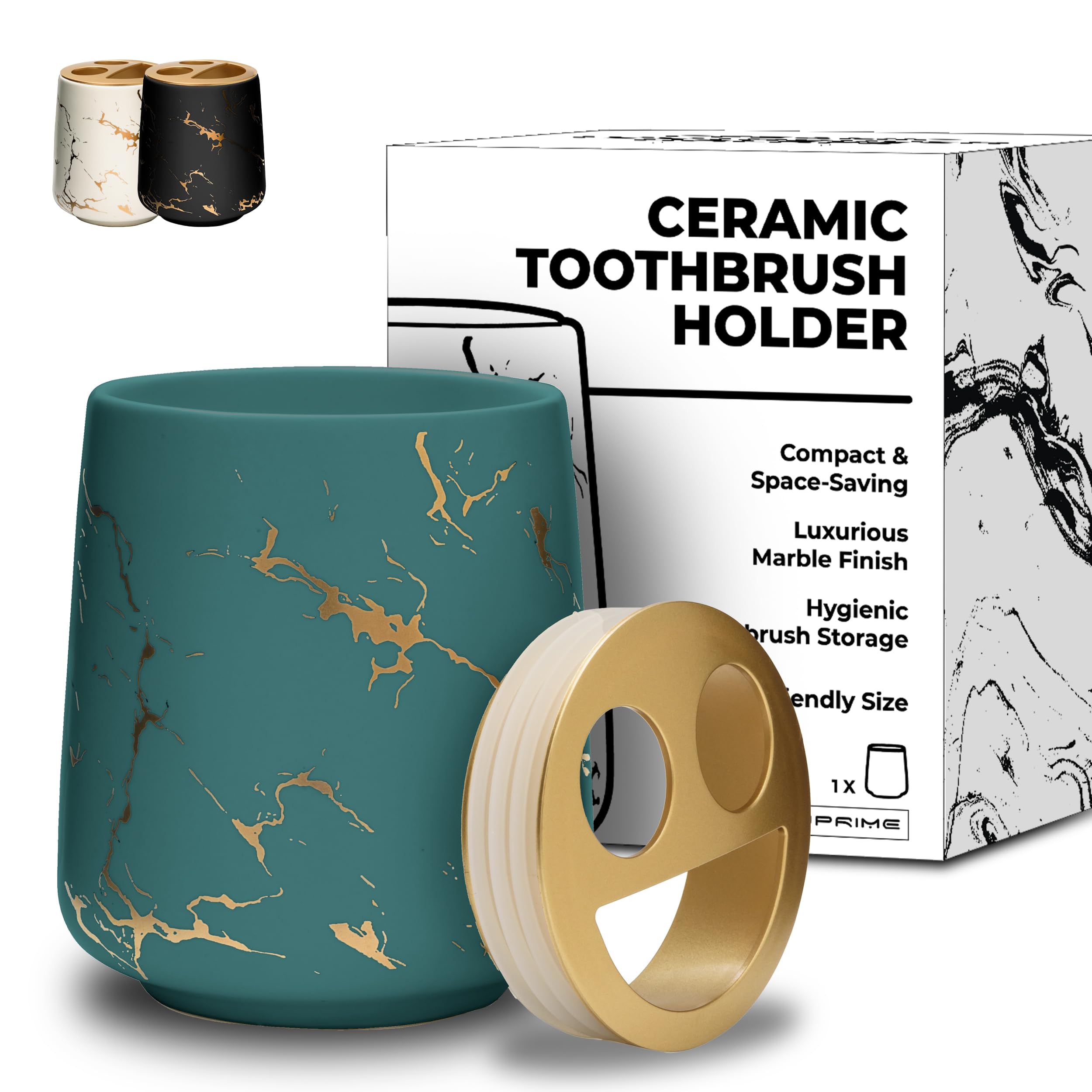 JJ PRIME - Ceramic Toothbrush Holder | Marble Look Electric Toothbrush Holder | Bathroom Accessory Toothbrush And Toothpaste Holder- Makeup Brush Holder (Green Toothbrush Holder)