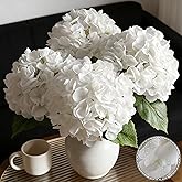 FLORRALIA 3Pcs Hydrangea Artificial Flowers, 22.44" Real Touch Latex Faux Hydrangea with Long Stems & Leaves for Home Office Decor or Wedding, Party, Centerpieces, Floral Arrangements (White)