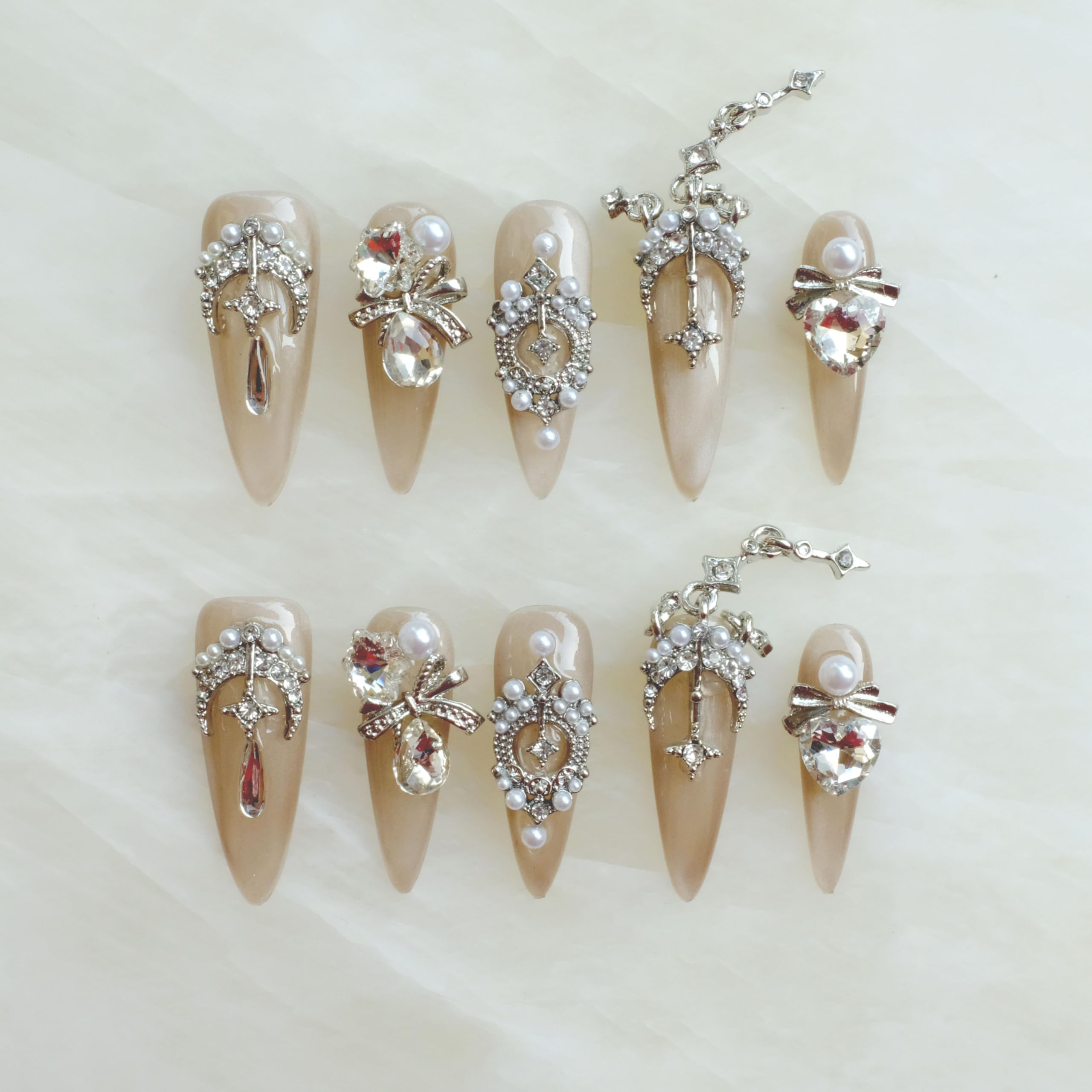 Photo 1 of [GLORS] Luxury Press-On Nails, Nude False Nails with Rhinestones and Pearl Chain in Long Stiletto, 10 Pieces (M, LS)