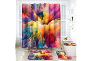 ArtSocket 4 Pcs Shower Curtain Set Yellow Red Teal Colorful Modern Abstract Paintingwith Non-Slip Rugs Toilet Lid Cover and Bath Mat Bathroom Decor Set 72" x 72"