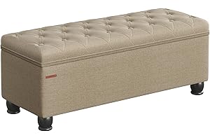 SONGMICS Storage Ottoman, Storage Bench, Tufted Entryway Bedroom Bench, 17.7 x 46.5 x 17.7 Inches, Hinges Easy Lid Operation, Wooden Legs, Linen-Look Cover, Loads 330 lb, Camel Brown ULOM070K01