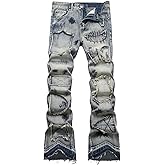 Baylvn Men's Designer Straight Slim Fit Patchwork Jeans Comfort Skinny Biker Denim Pants