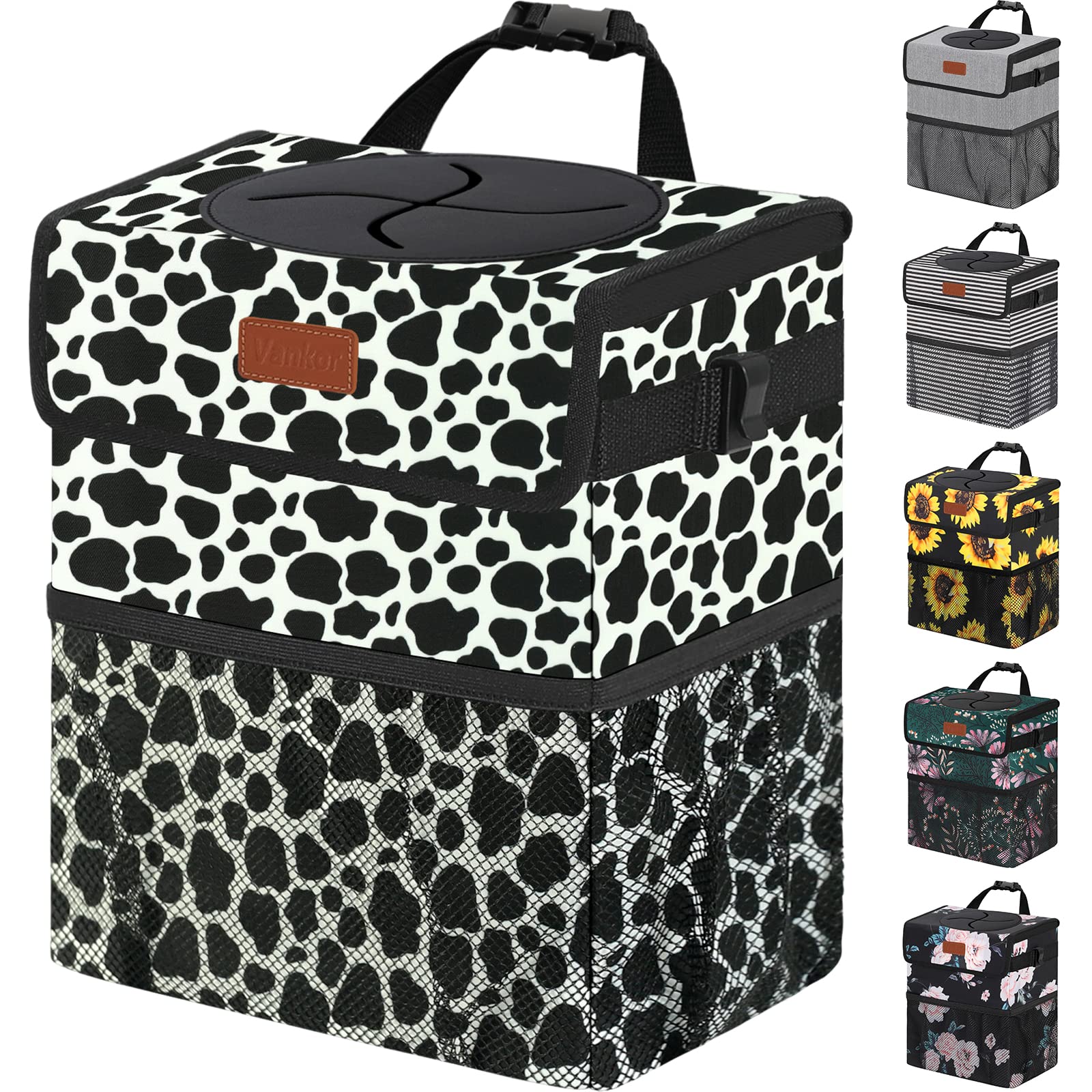 Vankor Car Trash Can for Car Cute,Bag Bin Hanging Waterproof Automotive Garbage Cans Leak Proof Vehicle Trash Can Cow Print