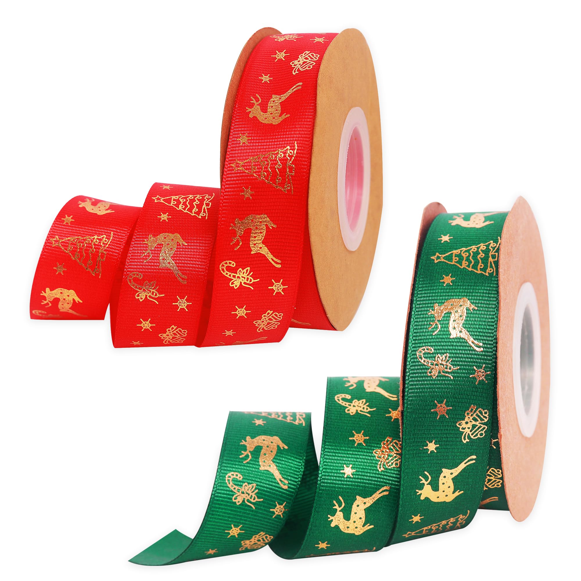2 Rolls x 22m Christmas Ribbon for Wrapping - Red and Green Satin 25mm Wide, Thick Ribbon for Present Decorative Wrapping, Cake Hair Crafts