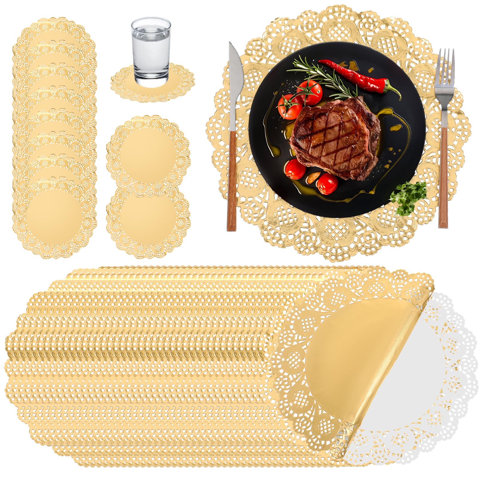 Photo 1 of 200 Pcs Lace Paper Disposable Placemats, 12 Inch Gold Paper Doilies Decorative Tableware, Disposable Gold Placemats Round for Wedding Anniversary Birthday