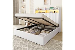 Allewie Queen Size Lift Up Hydraulic Storage Bed Frame, 2-Tier Shelf Headboard with LED Lights and Charging Station, USB and 