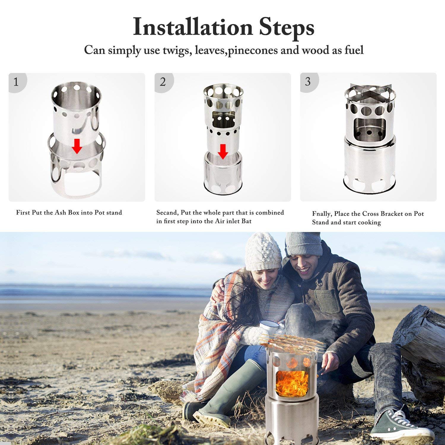 Qunlei 304 Stainless Steel Camping Cookware Set with Wood Stove, Complete Lightweight Outdoor