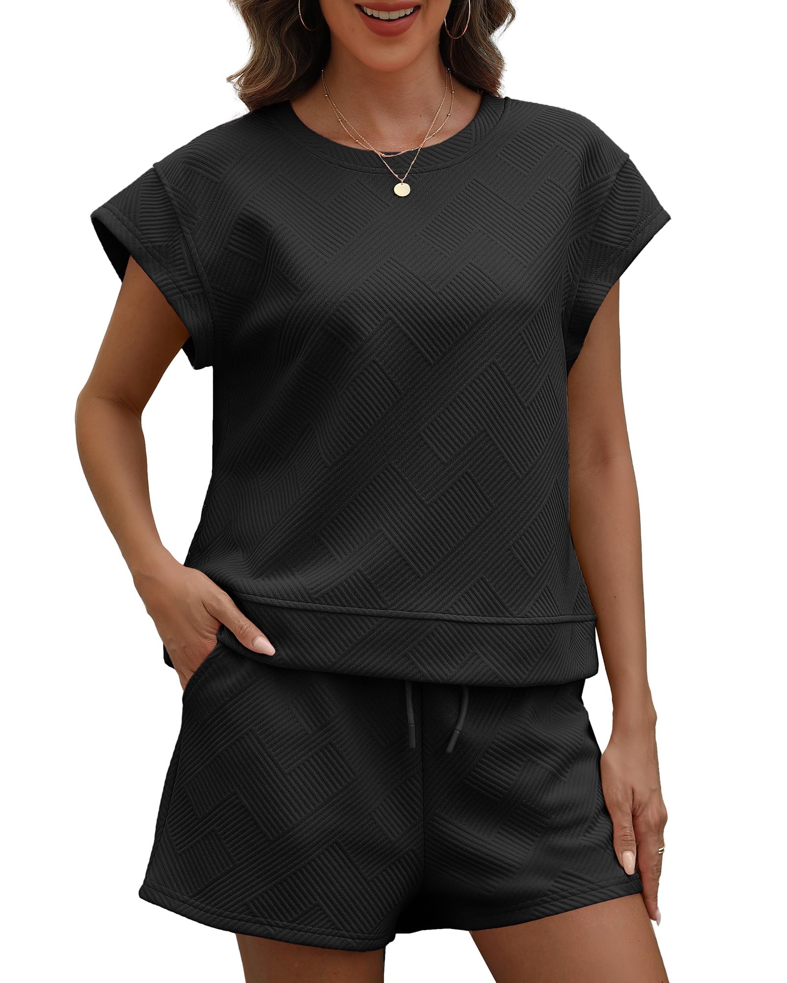 Photo 1 of JAOORA Womens Summer Outfits Womens Pajama Sets 2 Piece Casual Summer Lounge Sets Vacation Travel Beach Outfits with Pockets Black
