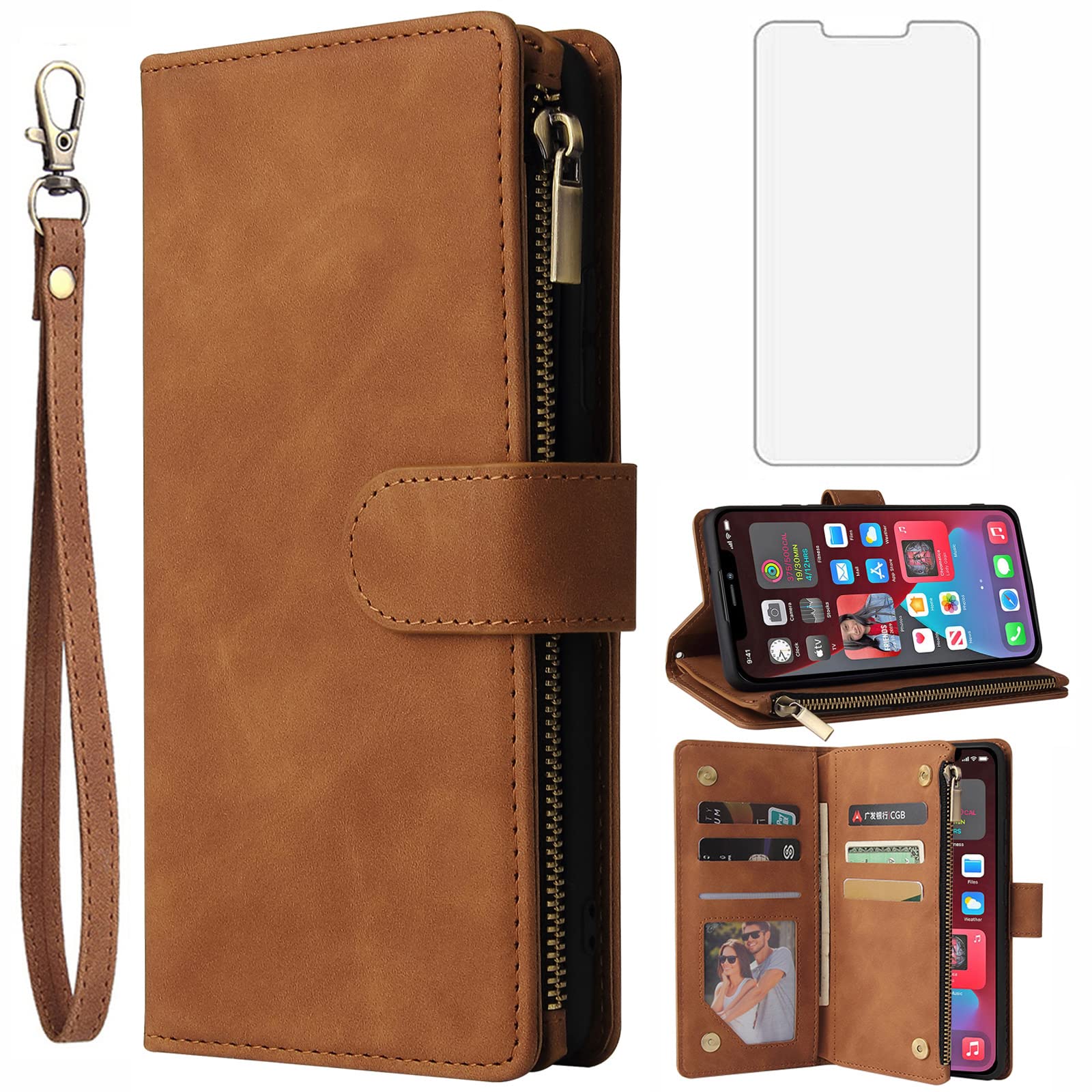 Asuwish Compatible with iPhone 12 Pro iPhone12 6.1 Wallet Case Tempered Glass Screen Protector and Flip Cover Card Holder Stand Cell Phone Cases for iPhone12pro 5G i 12s iPhone12 12pro Women Men Brown