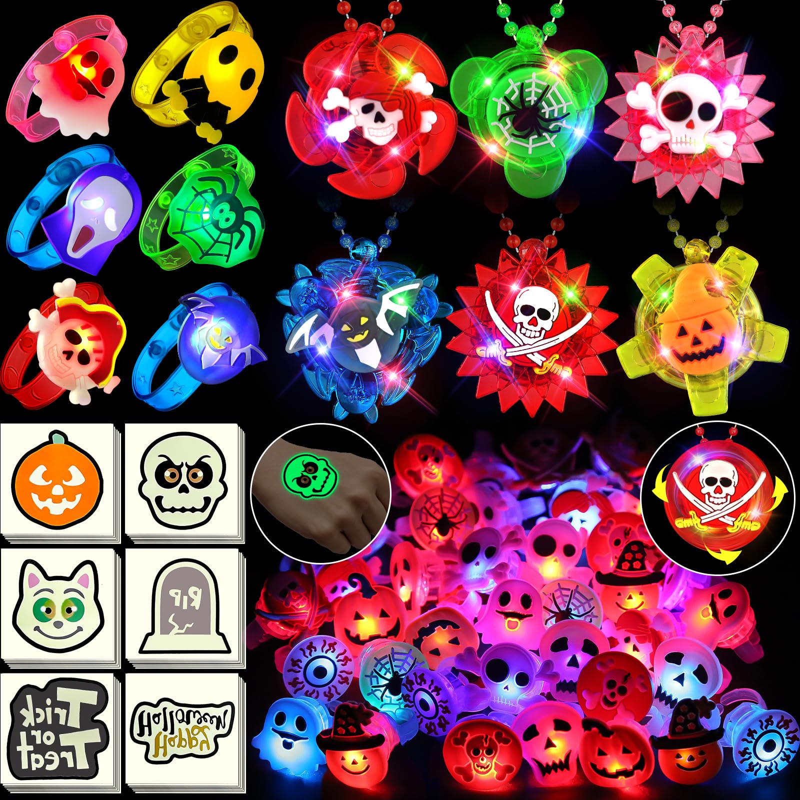 Photo 1 of 84 PCS Halloween Party Favors for Kids, Halloween Glow in the Dark Toys Rotating Spin Light Up Necklaces LED Rings Bracelets Decorations Trick or Treats Goodie Bag Fillers Party Supplies