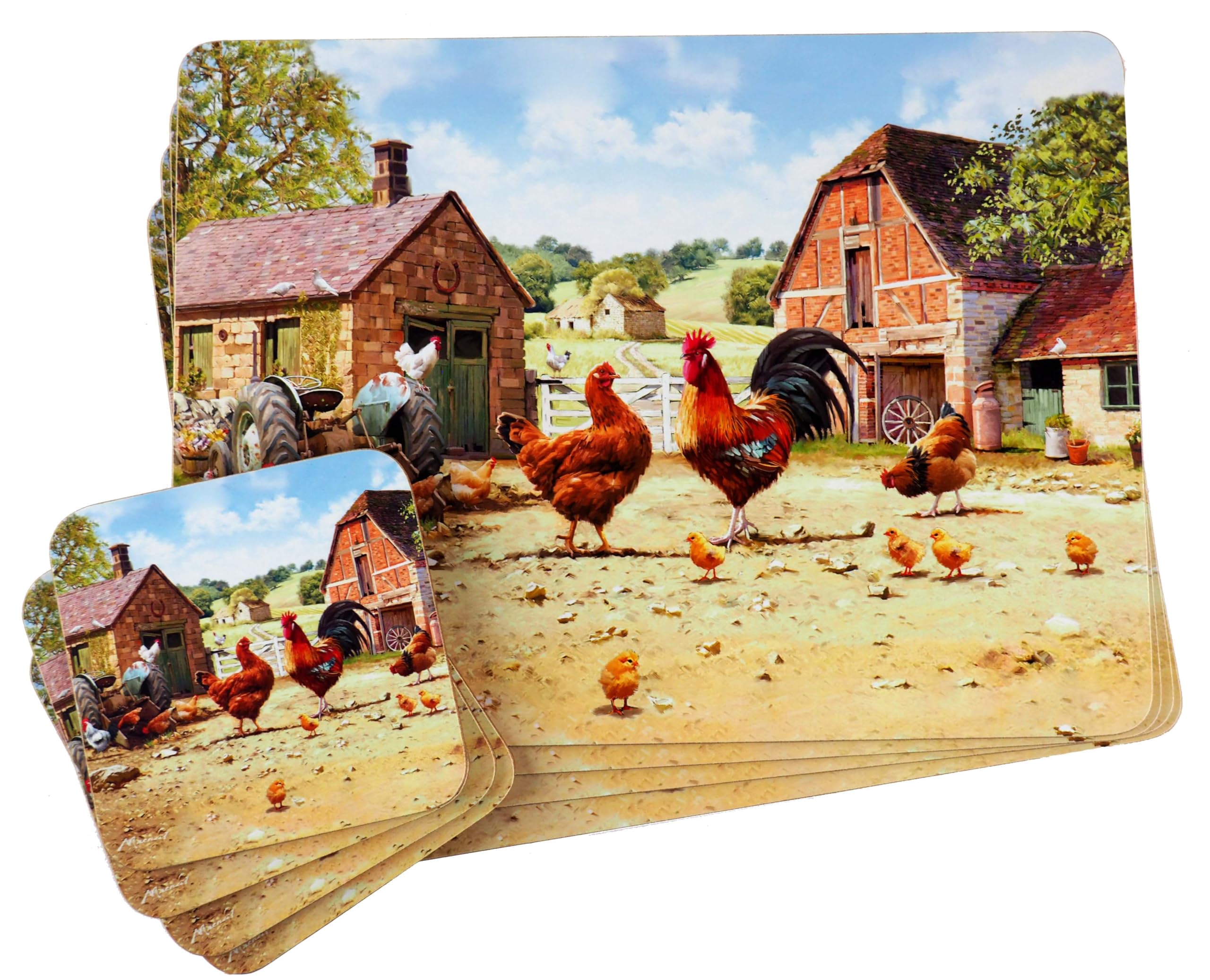 Set Of 4 Cockerel Hen Dinner Place Mats And Coasters
