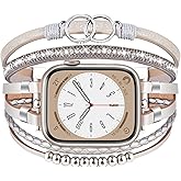 MOFREE Boho Leather Bracelet Compatible with Apple Watch Band 38mm 40mm 41mm Women, Handmade Multilayer Wrap Beaded Jewelry Apple Watch Strap for iWatch Series 10 9 8 7 6 5 4 3 2 1 Silver
