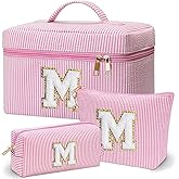 Personalized Monogram Makeup Bag, 3PCS Custom Monogrammed Toiletry Cosmetic Bag for 6-18 Teen Girls Women,Birthday Graduation Gifts Initial Pouch Makeup Bags for Women Girls, Make Up Bag (M, Pink)