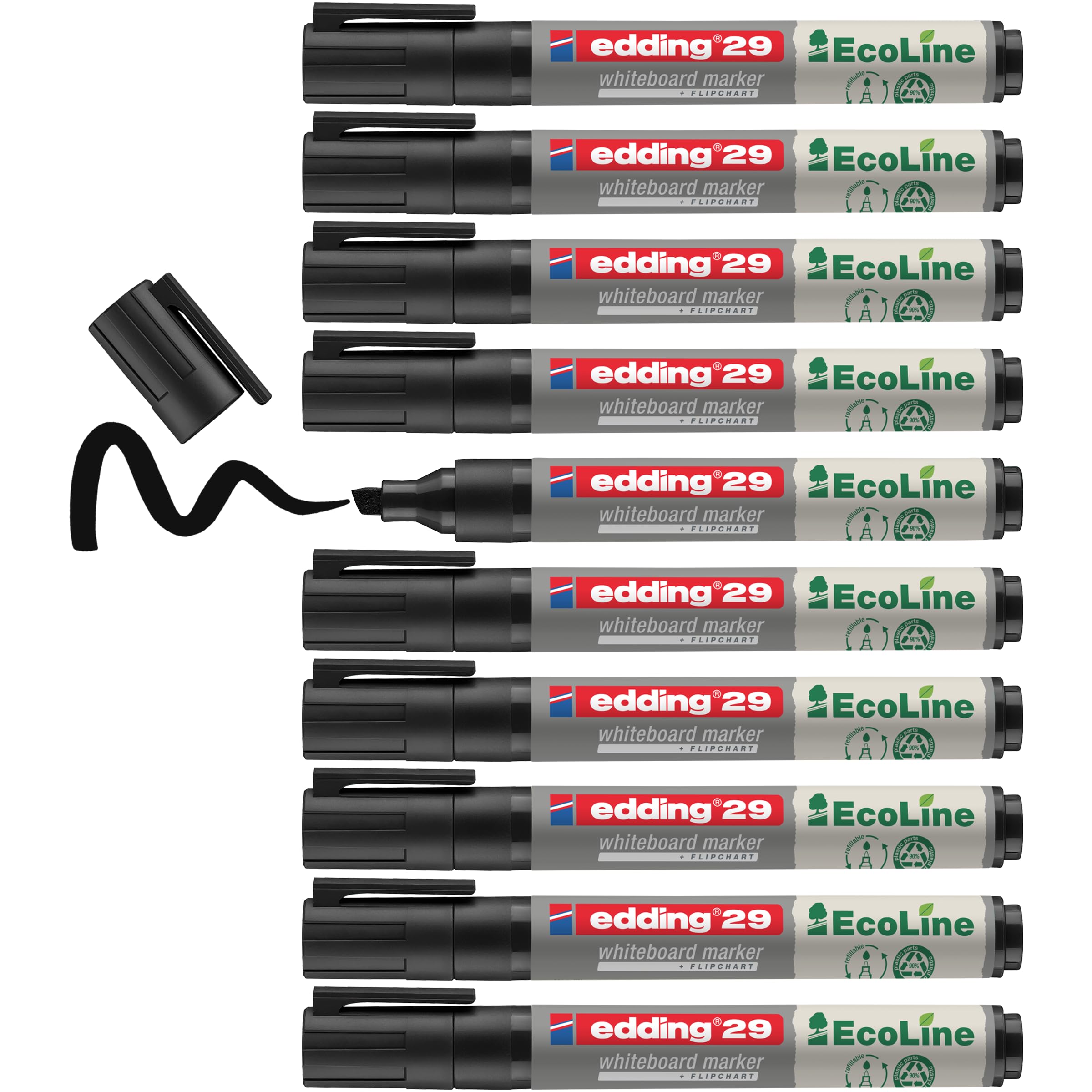 edding 29 Ecoline whiteboard marker - black - box of 10 whiteboard pens - chisel tip 1-5 mm - whiteboard pen dry wipe - for whiteboards, flipcharts, pinboards, memo boards - sketchnotes - refillable