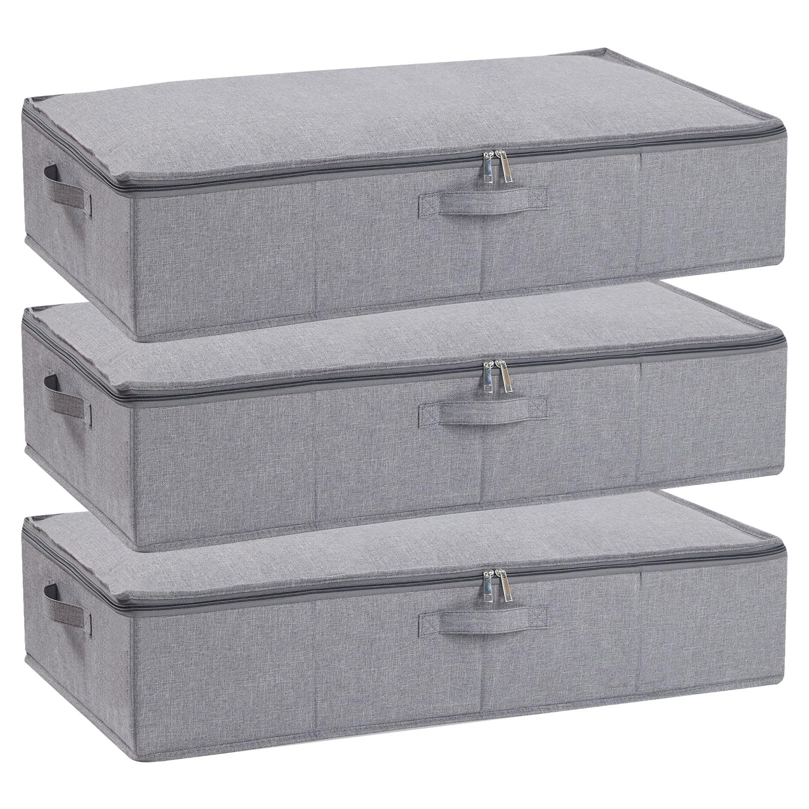 YheenLf Under Bed Clothes Storage Bgas with Lid, Underbed Drawers with Reinforced Handles for Blanket, Sheets, Clothing, Shoes, Grey, 3-Pack, 60×30×15 cm