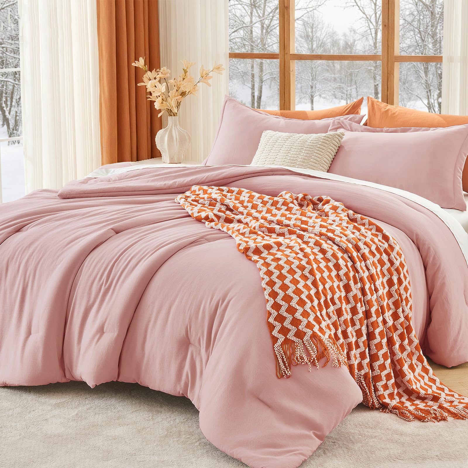 MUXHOMO California King Comforter Set, All Season Ultra Soft Down Alternative Bedding - 3 Piece Lightweight Bed Set Includes 1 Comforter (104"x96") and 2 Pillow Shams (20"x36"), Rose Gold Image