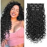Flvaco Curly Clip In Hair Extensions, 4PCS 20 Inch Natural Black Extensions Clip Ins Lace Weft Curly Invisible Natural Hairpieces for Women