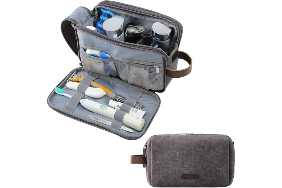 BAGSMART Toiletry Bag for Men, Canvas Travel Toiletry Organizer Dopp Kit Water-resistant Shaving Bag for Toiletries Accessories,Grey-Medium