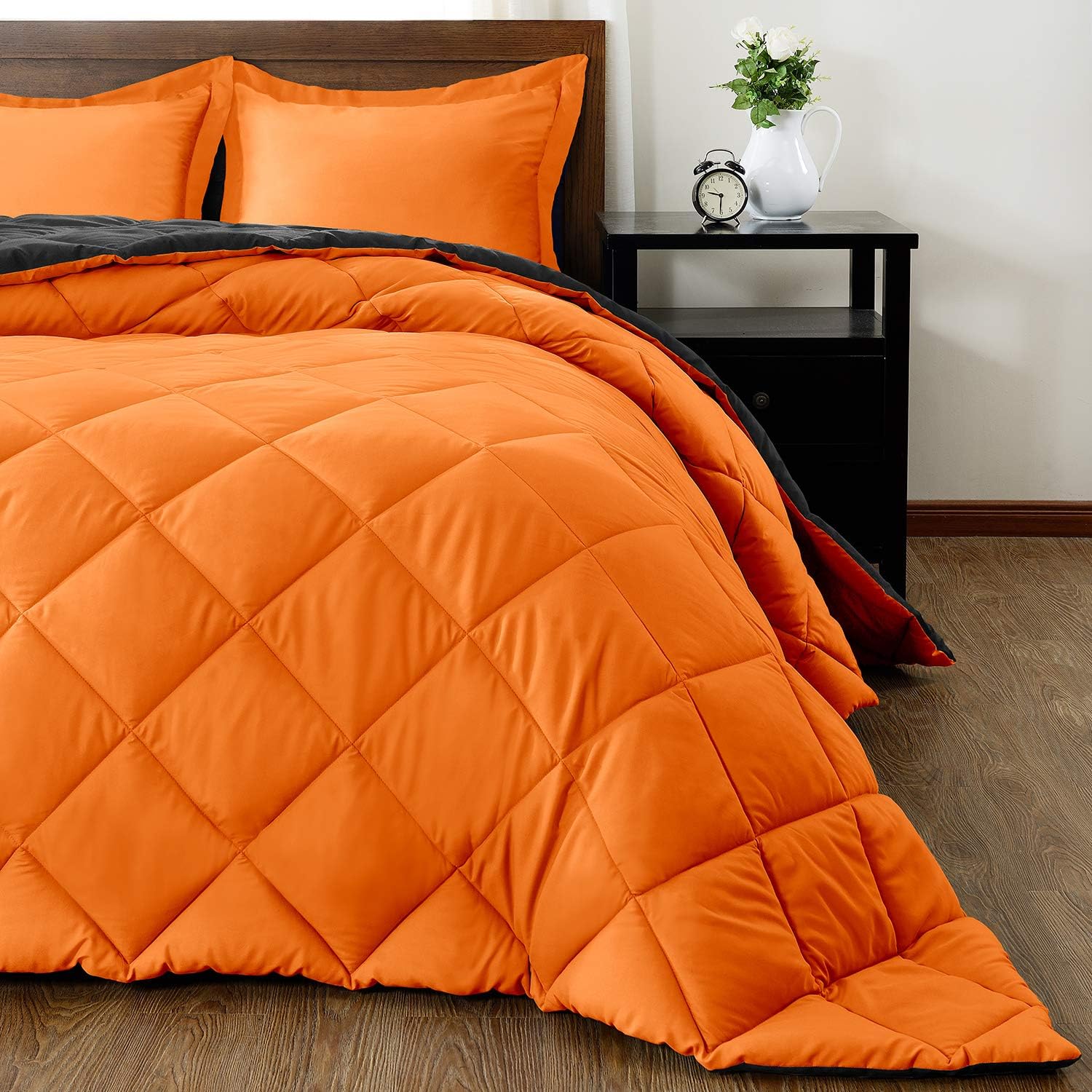 downluxe Lightweight Solid Comforter Set (Queen) with 2 Pillow Shams - 3-Piece Set - Orange and Black - Down Alternative Reversible Comforter: Home & Kitchen