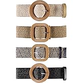 Bmpzery 4 Pcs Straw Woven Belts for Women,Boho Style Brown Stretch Dress Waist,Vintage Woman Woven Elastic Belts with Buckle,Decorative Rattan Waist for Woman Jeans and Dresses