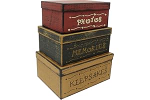 CVHOMEDECO. Primitive Vintage Rectangular Photos, Memories, Keepsakes Cardboard Nesting Boxes, Large 12 X 9 X 5-1/2 Inch. Set of 3.