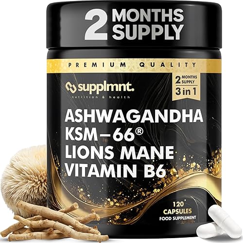 Supplmnt. Ashwagandha KSM 66, Lion’s Mane & Vitamin B6 Capsules - 2 Months Supply - High Strength 2000mg KSM-66 Ashwaganda Root Extract Supplement with Lions Mane Mushroom - 120 Vegan Capsules