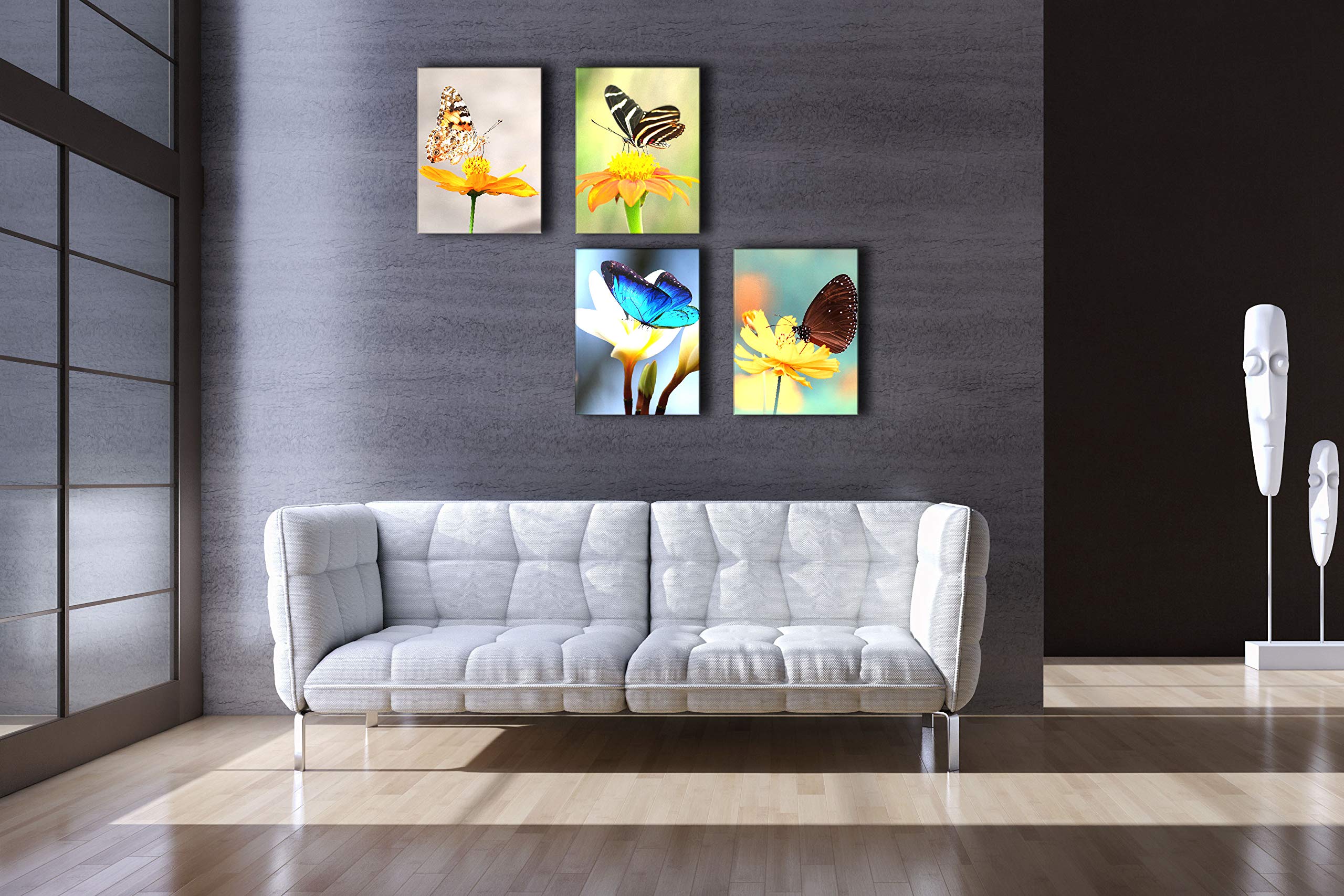 Canvas Wall Art for Living Room Butterfly on Flower Decor Painting Blooming Florals Pictures Print Decoration Artwork 12x16inch x4Pieces