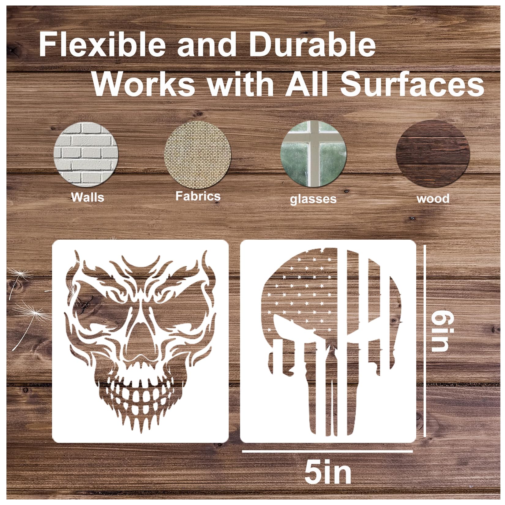 Yanroom Skull Stencils for Painting On Wood Flame Skeleton Hand Finger Fire Templates for Airbrushing Art Crafts Plastic Reusable Wood Burning Stencils for Wall Canvas (Skull)