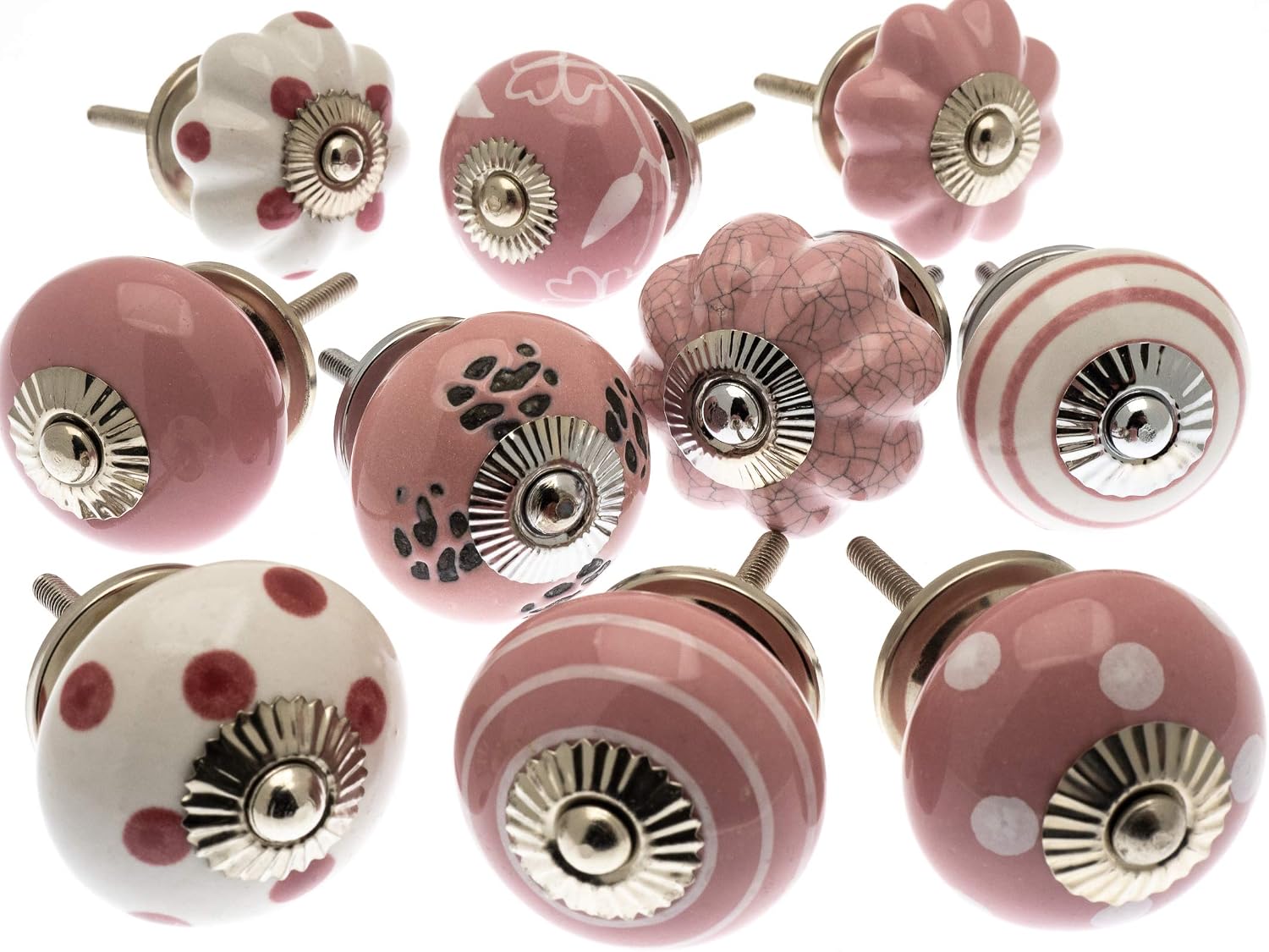 Mango Tree Mixed Set of Pink & White Ceramic Cupboard Knobs/door knobs/drawer knobs x Pack 10 (MG-202), 4.2 L x 4.2 W x 3 H centimeters