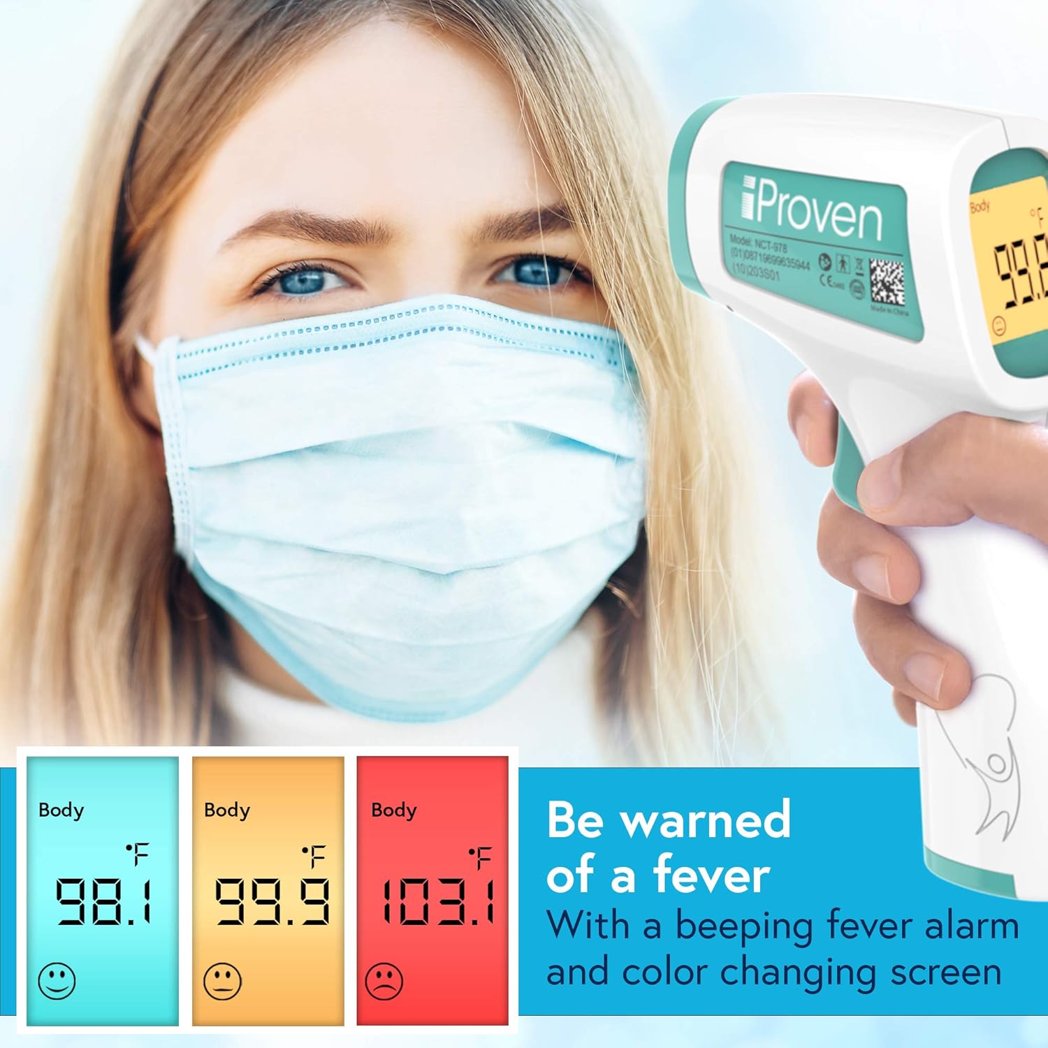 iProven No Touch Thermometer for Adults, Kids and Babies, Touchless Thermometer, 1s Instant Accurate Readings, Forehead Infrared Thermometer with Fever Alarm, Indoor, and Outdoor Use (Green): Industrial & Scientific
