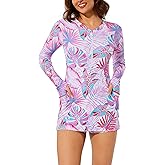 Cagola Long Sleeve Swimsuits for Women Rash Guard Swim Dress Modest Bathing Suit Swim Romper with Built in Bra and Pockets