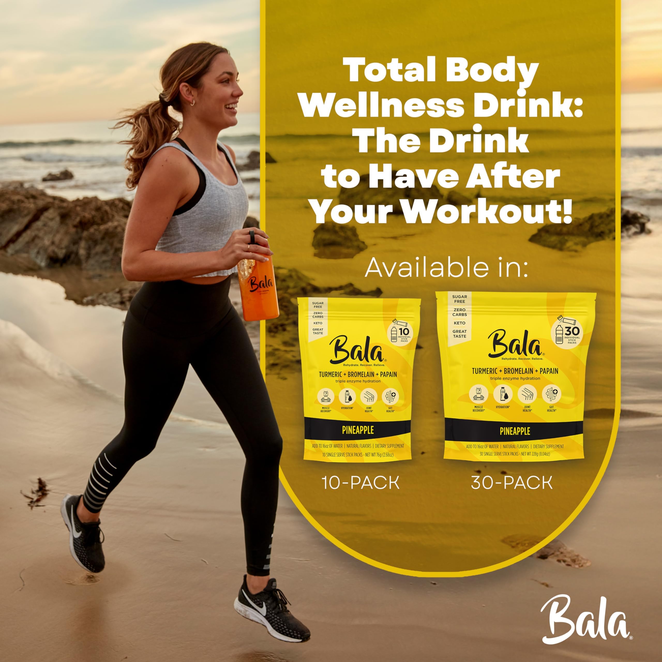 Bala Enzyme Hydration & Sugar-Free Drink Mix - Turmeric, Bromelain, Papain, Immunity, Mobility - Pineapple 0.25oz (10 Count)