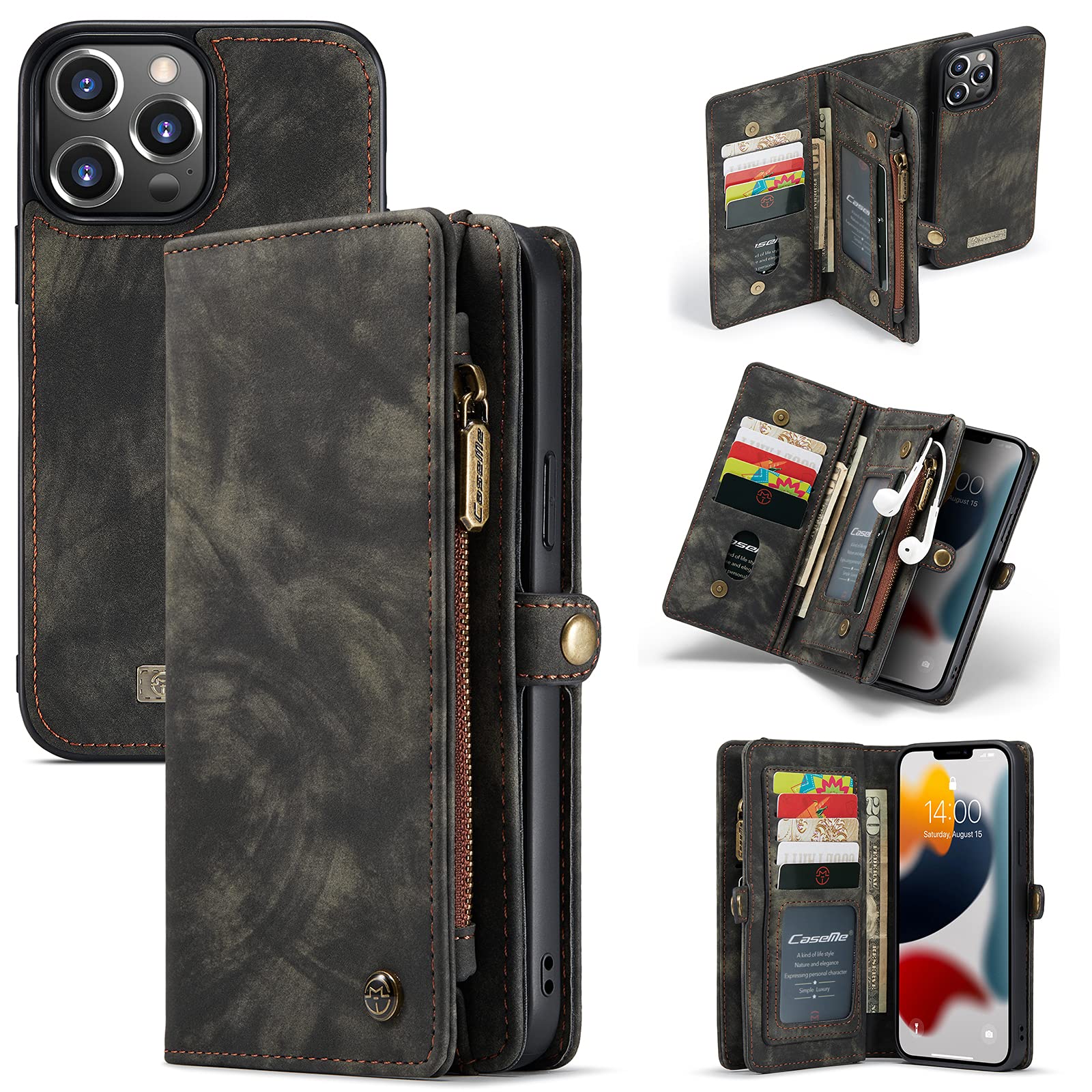 REUBCOAK for iPhone 13 Pro Max Wallet Case, Multi-Function 2 in 1 Flip Shockproof Retro Handmade Leather Zipper Case with Card Slots and Detachable Magnetic Back Cover for iPhone 13 Pro Max (Black)