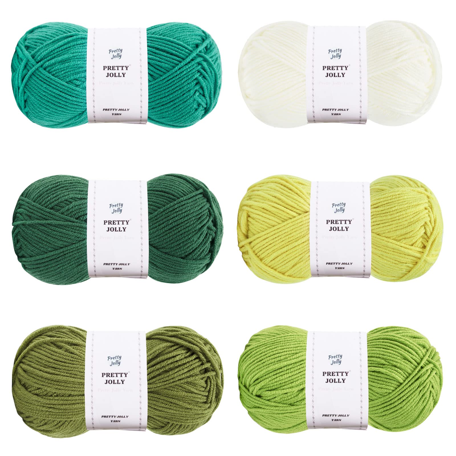 Pretty Jolly 300g Soft Assorted Colors Yarn, Sport Weight,100% Acrylic, 4 Ply, Bonbons Yarn for Crochet & Knit, DIY Project Starter Kit for Kids or Adults(6×132m) (Green Department)