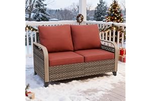 EAGLE PEAK Wicker Outdoor Patio Sofa Modern Rattan Patio Furniture Loveseat for Backyard Deck Porch Balcony, 2 Seat Loveseat, Brown/Red