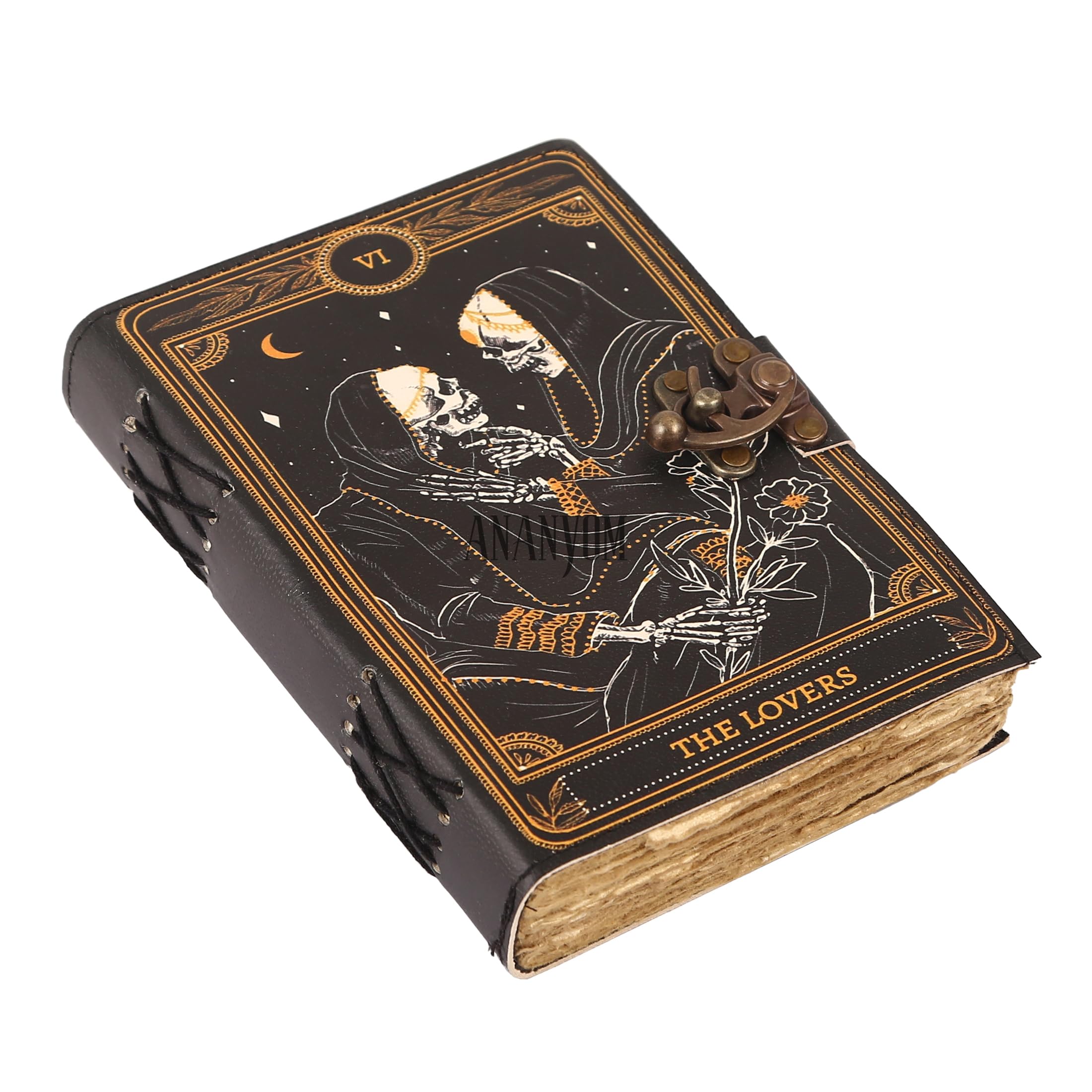 ANANYOM Leather Journal Notebook for Writing Gift Set, Lovers Tarot, Spiral Gothic, Skull Lover, Antique Vintage Leather Notebook Diary Sketchbook, 200 Blank Deckle Paper, Unruled, Brass Clasp Lock