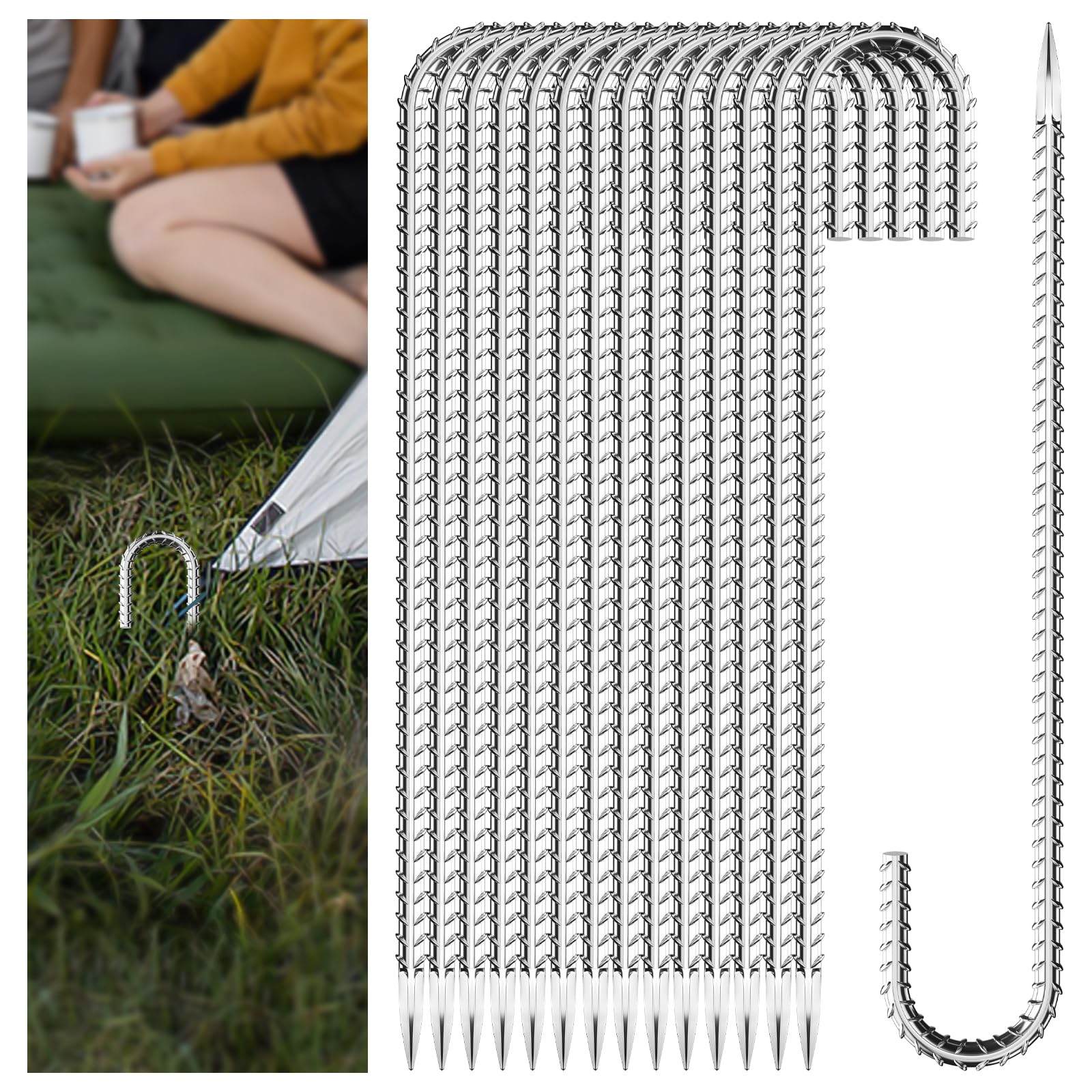 Photo 1 of 20 Pieces J Hooks Rebar Metal Tent Stakes 16 Inch Galvanized Ground Anchors Yard Stakes for Landscape Fabric Artificial Turf Heavy Duty Anti Rust for Outdoor Lawn Decorations Inflatables Swing Set