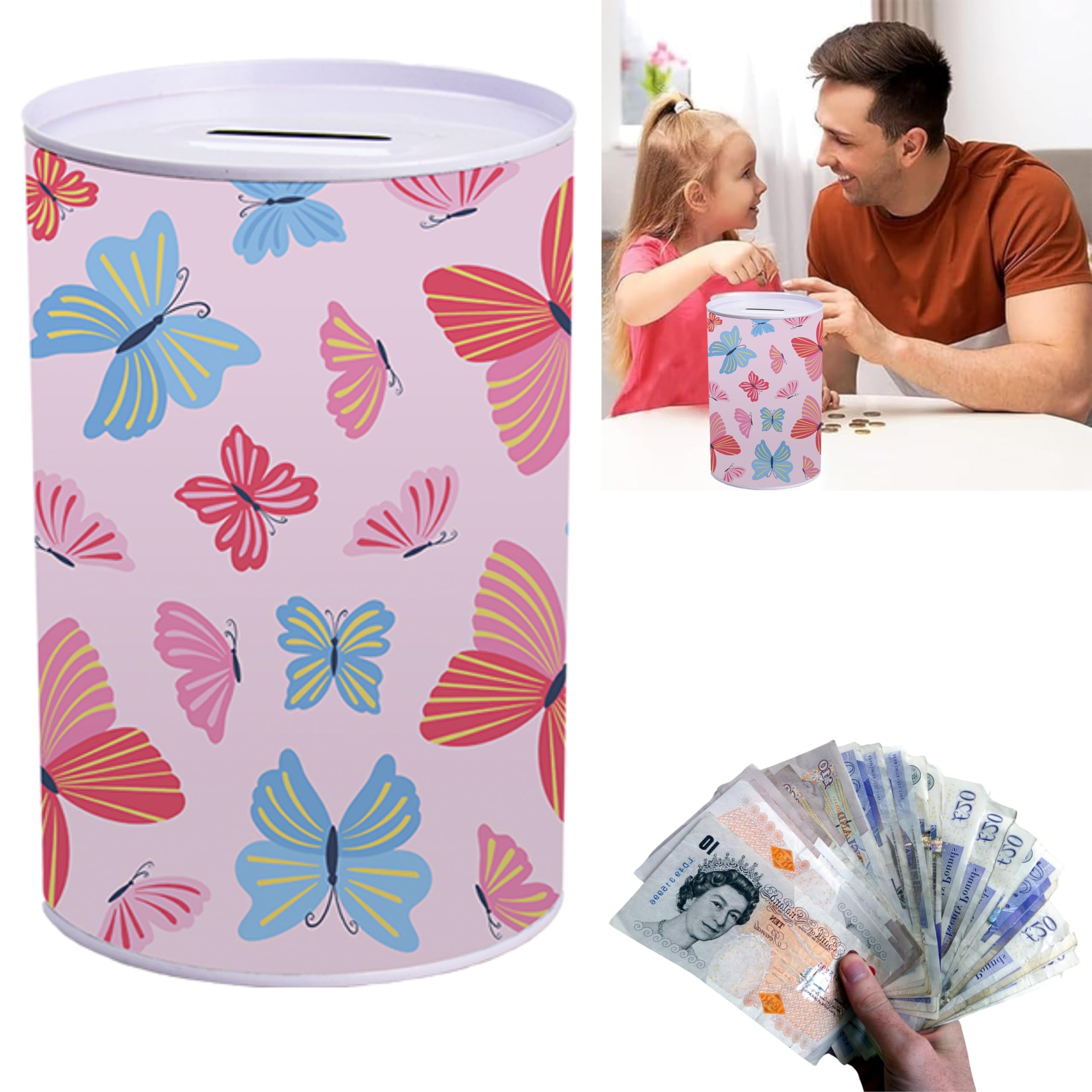 Adorable Pink Money Tin - Butterflies Design Piggy Bank - Cute Table Decor and Coin Storage Jar for Children - Treasure Chest Saving Bank Unbreakable for Girls - Size 14cm