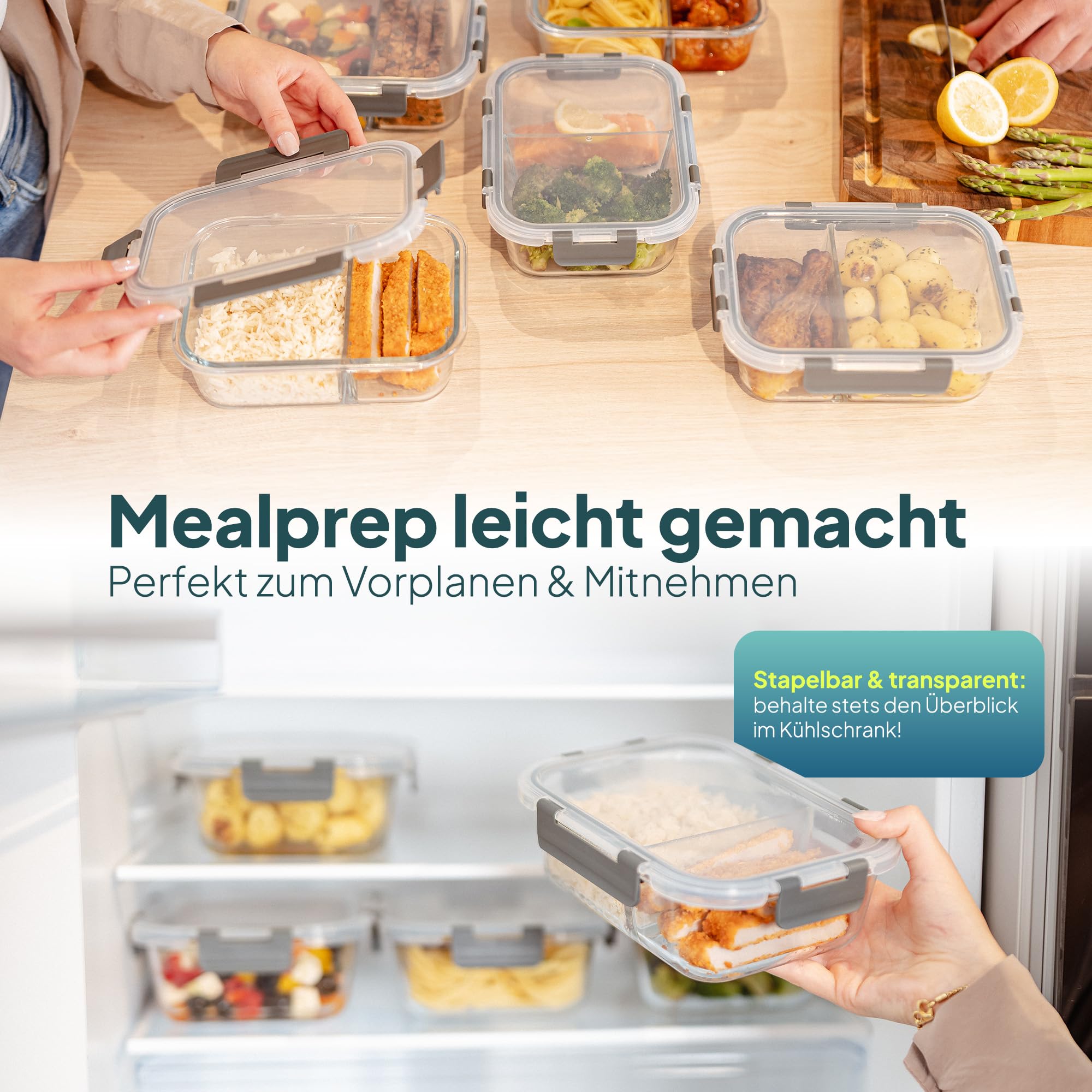 uandu Glasbehälter mit Deckel, 10- teilig, mit 2 Fächern, Borosilikatglas mit Deckel, Meal prep Gläser, Frischhaltedosen Glas mit Deckel, Glasdosen mit Deckel Set, Meal prep Boxen 5 Behälter+5 Deckel 4
