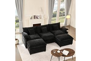 GOSUHI 108" U Shaped Couch, Modular Sectional Sofa, 3-Seater Comfy Cloud Couch with Movable Ottoman, Deep Seat Couches for Living Room, Chenille, Black