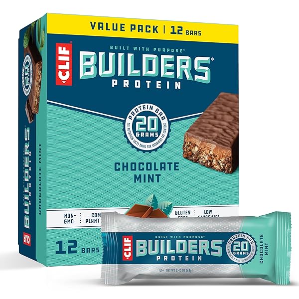 CLIF BUILDERS PROTEIN BARS – CHOCOLATE MINT FLAVOR – 20G PLANT BASED PROTEIN – GLUTEN FREE – NON-GMO – LOW GLYCEMIC – NO ARTIFICIAL SWEETENERS – VALUE PACK, 2.4 OZ. (12 COUNT)