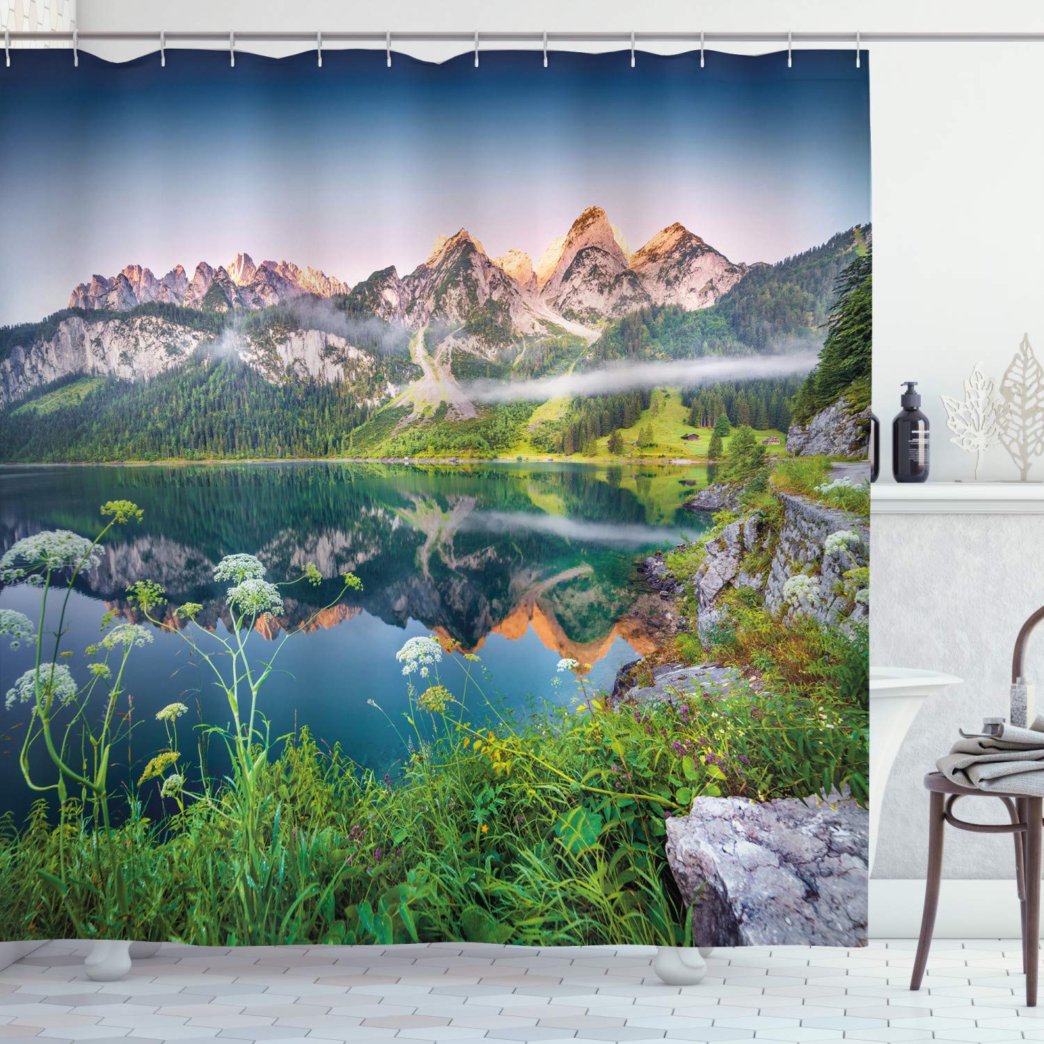 ABAKUHAUS Nature Shower Curtain, Misty Summer Morning on Austrian Alps Mountain Range with Lake Wanderlust Landscape, Cloth Fabric Bathroom Decor Set with Hooks, 94 Inches, Green Blue