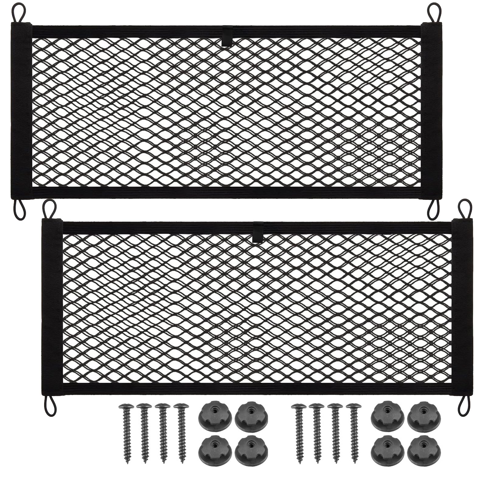 Photo 1 of 2 Pack Universal Mesh Cargo Net?BetterJonny Stretchable Elastic Automotive Cargo Nets with 8 Pieces Mounting Screws and Hooks for Car Trunk Storage Mesh Pocket Net(24 x 9.8 Inches)