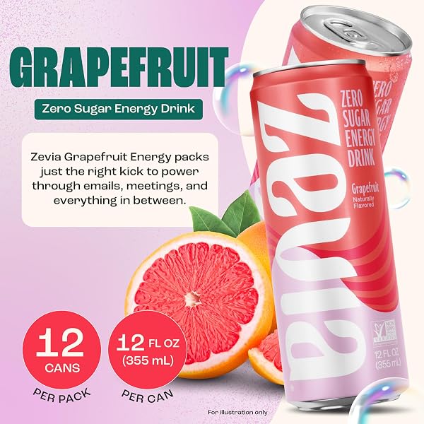 ZEVIA ZERO SUGAR ENERGY DRINK, GRAPEFRUIT, 12 OZ CANS (12-PACK) – NATURALLY SWEETENED, NON-GMO PROJECT VERIFIED, GLUTEN-FREE, VEGAN