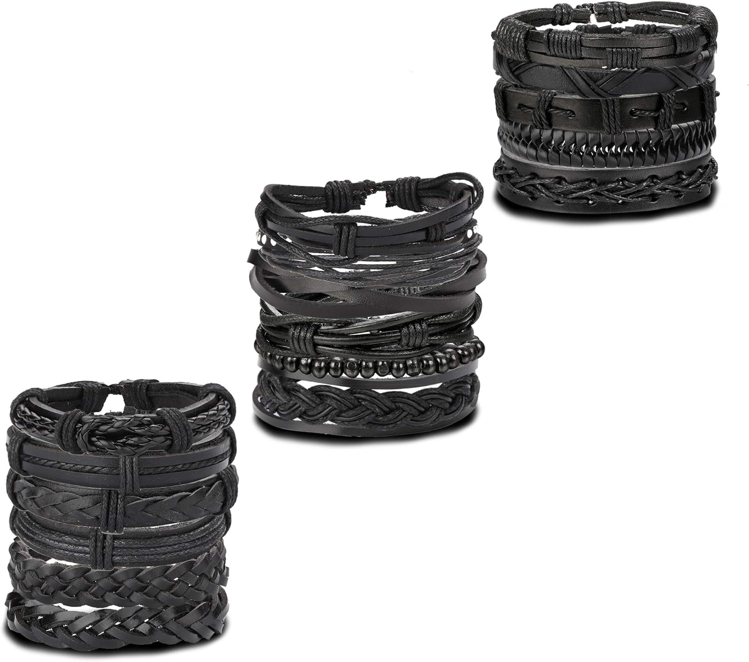 Jstyle 17Pcs Braided Leather Bracelet for Men Women Wooden Beaded Cuff Wrap Bracelet Adjustable Black: Clothing