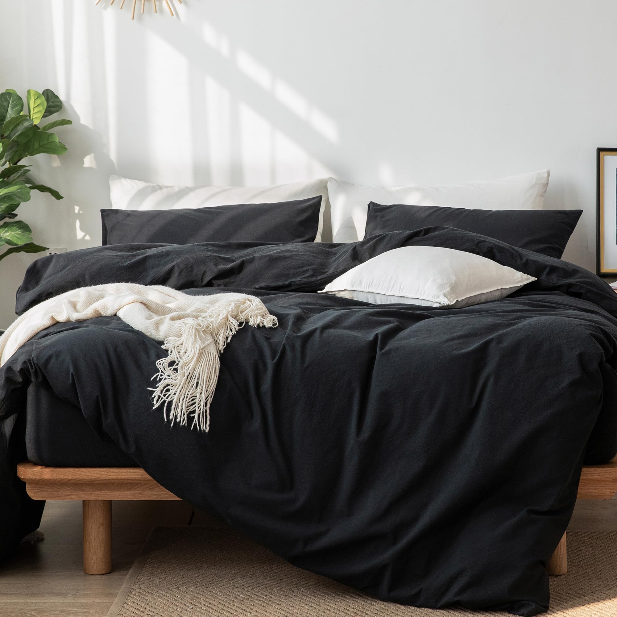 Photo 1 of MooMee Bedding Duvet Cover Set 100% Washed Cotton Linen Like Textured Breathable Durable Soft Comfy (Black, King)