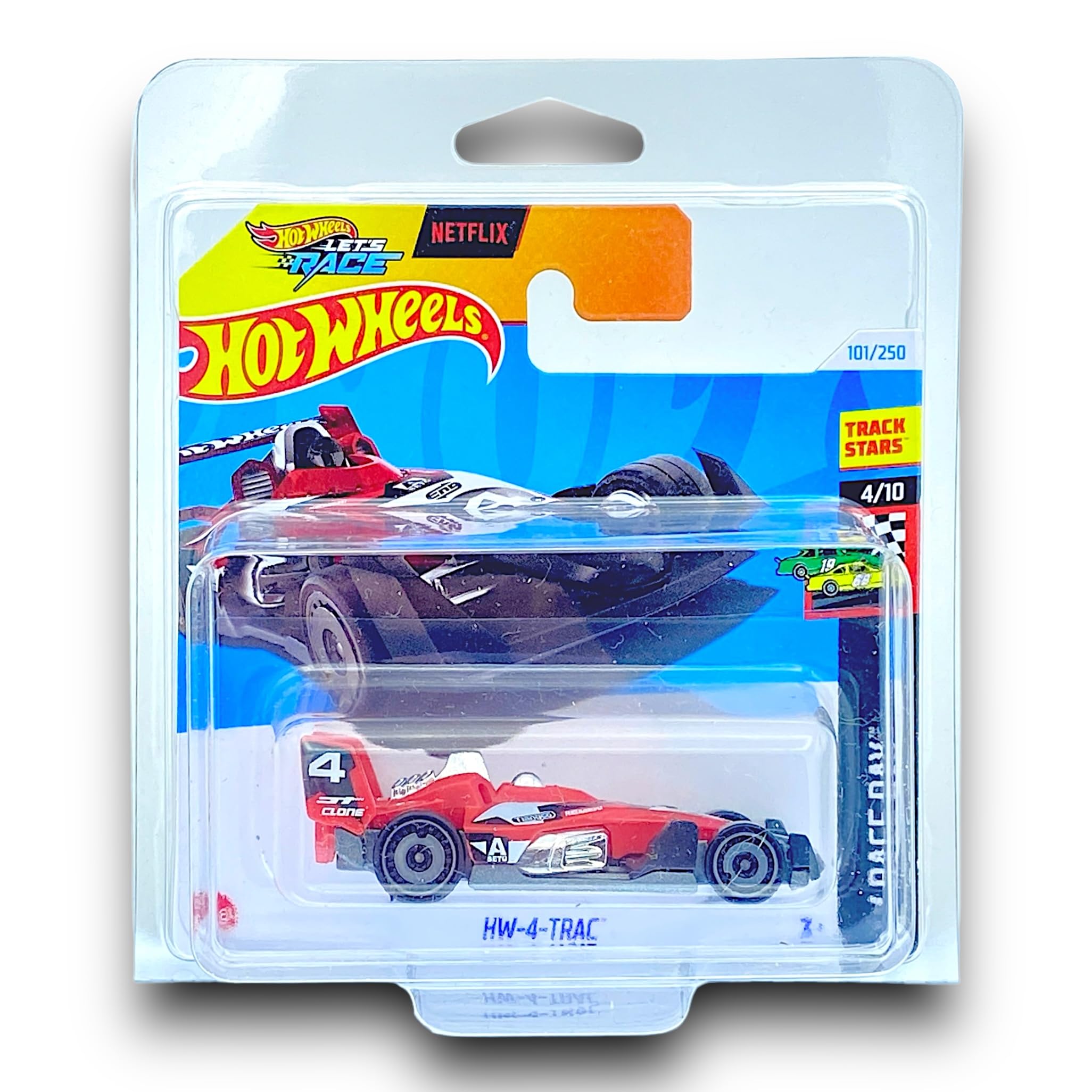 Hot Wheels HW-4-Trac (Red, Black & White) 4/10 HW Race Day - 2024-101/250 (Short Card) - COMES IN A GENUINE KLAS CAR KEEPER PROTECTOR CASE - HTC76