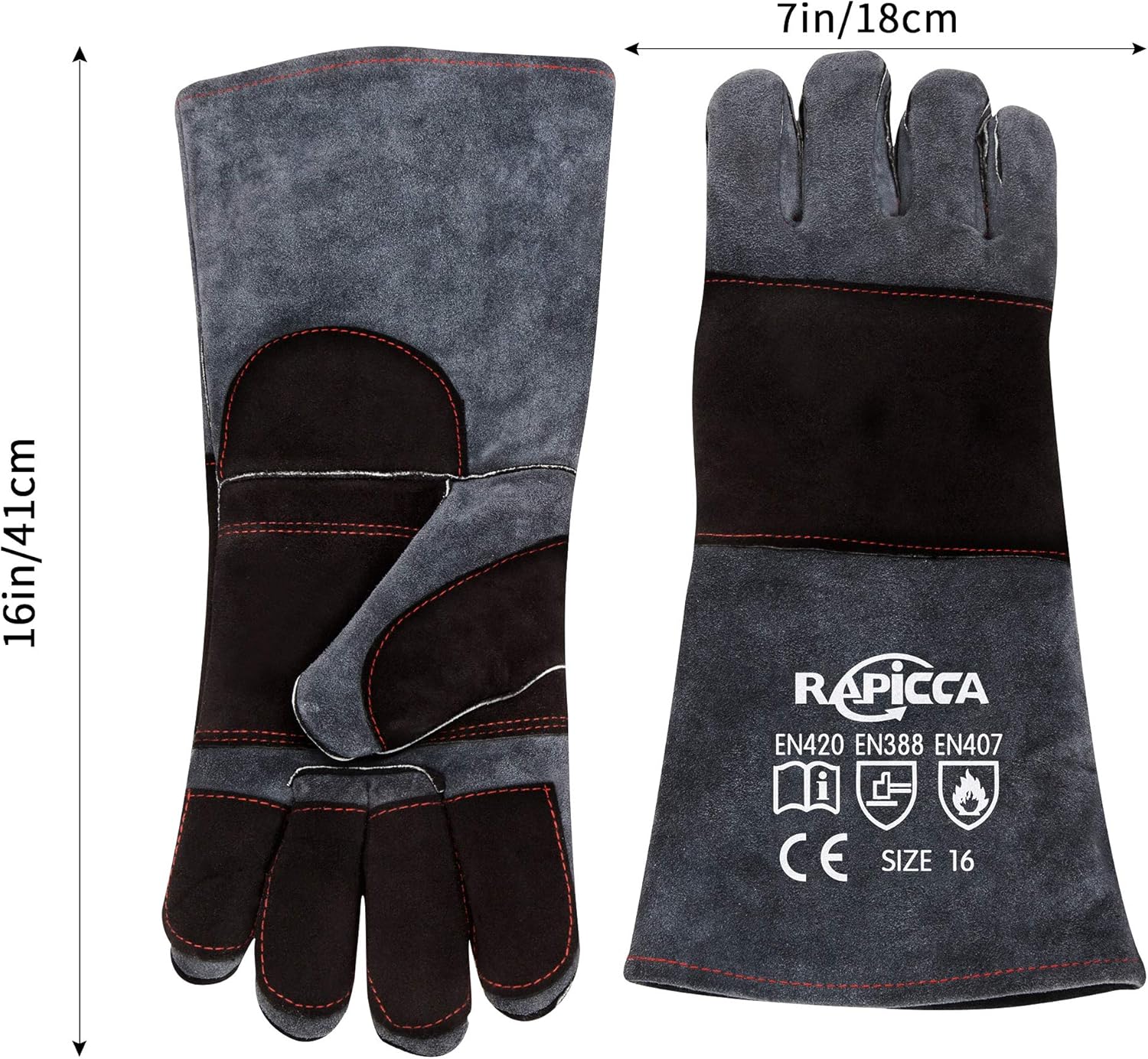 RAPICCA Animal Handling Gloves Bite Proof Kevlar Reinforced Leather Padding Dog, Cat Scratch, Bird Handling Falcon Gloves Grabbing, Reptile Squirrel Snake Bite 16in Grey-Black - - 