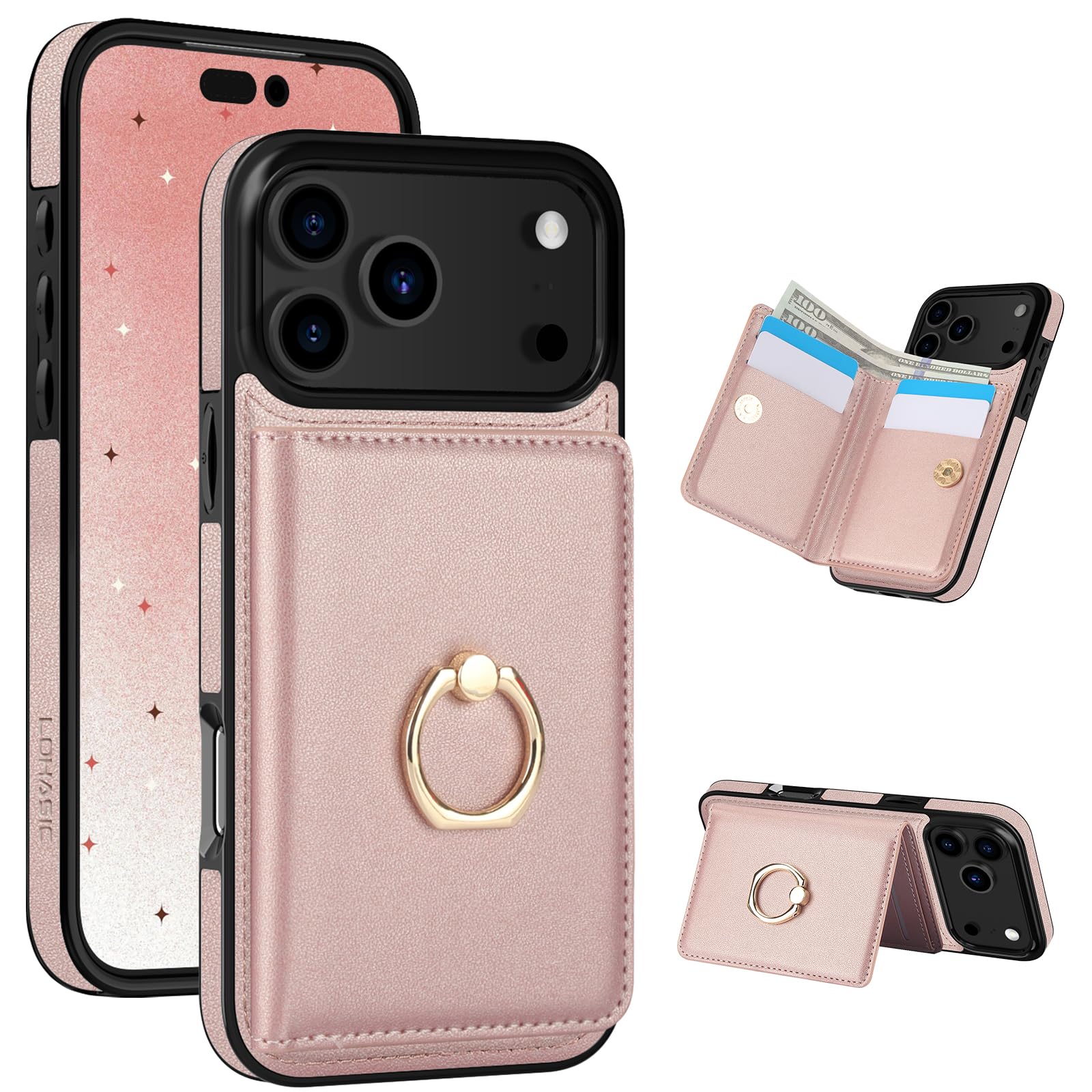 LOHASIC for iPhone 17 Pro Case Wallet with Card Holder, 360° Rotation Ring, RFID Blocking, 5 Card Slots, PU Leather 6.3" Cover for Apple 17 Pro Men Women, Rose Gold