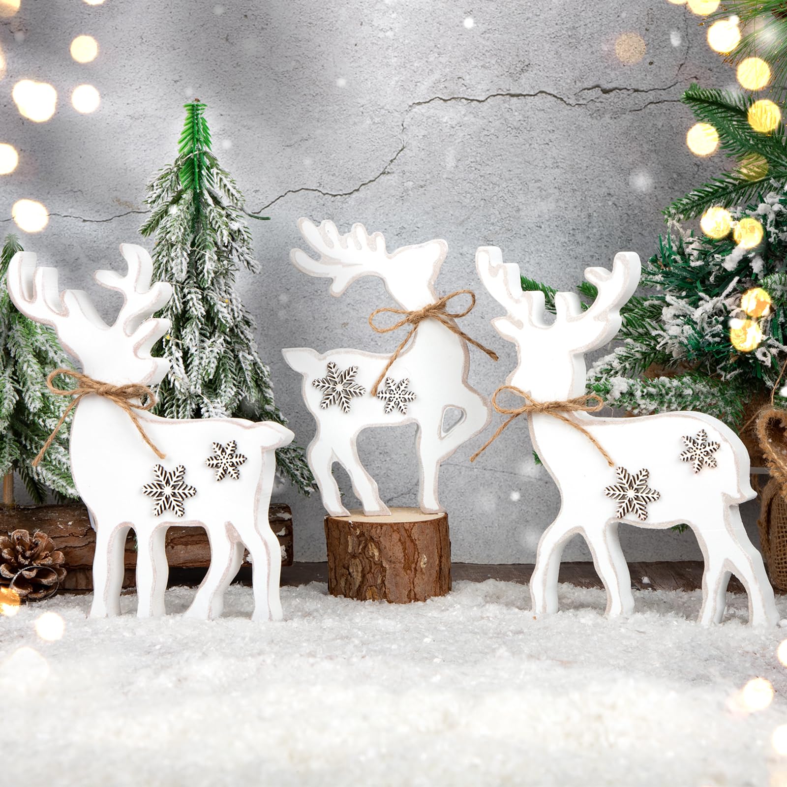 Photo 1 of 3Pcs Cute Christmas Tiered Tray Decor Indoor, Wooden Farmhouse Reindeer Christmas Tabletop Decorations Xmas Centerpiece, Rustic Reindeer Sign Standing Elk Decor for Home Shelf (White)
